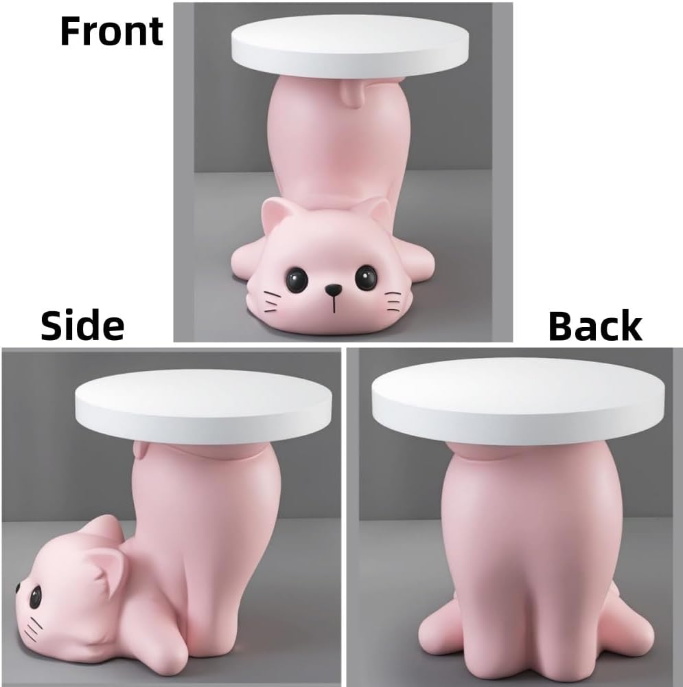 Creative Resin Cat Side Table with Tray, Multifunctional Accent Table for Small Spaces, Cartoon End Tables for Living Room, Bedroom or Entryway(Beige)