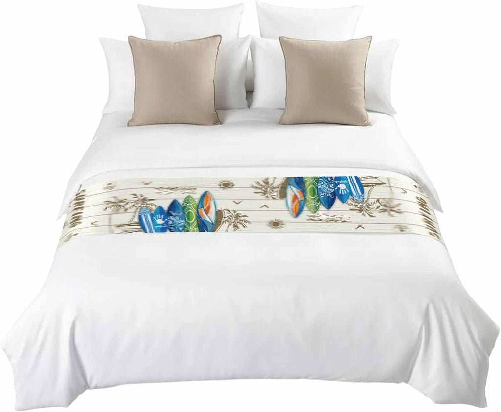 Summer Surfing Bed Runner for King Size Bed, 102"x20" Surfboard Beach Palm Trees Wood Grain Retro Luxury Bed Runners & Scarves Decorative Bedding Scarf Protector Slipcover for Home Hotel