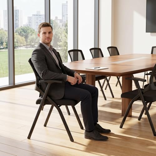 Heavy Duty Folding Office Chair with Breathable Mesh Back - Comfortable Padded Seat & Sturdy Frame for Conference Room, Training,Meeting,Classroom - Stackable Black Guest Reception Chair with Armrests