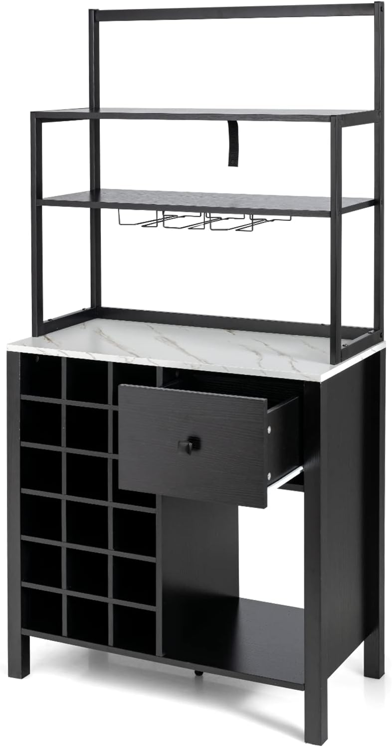 TANGZON Sideboard Wine Cabinet, Kitchen Buffet Cabinet with Glass Holders, 18-Bottle Wine Rack, Drawer, Worktop & Anti-Tipping Device, Home Bar Dining Room Wooden Storage Cupboard (Black)