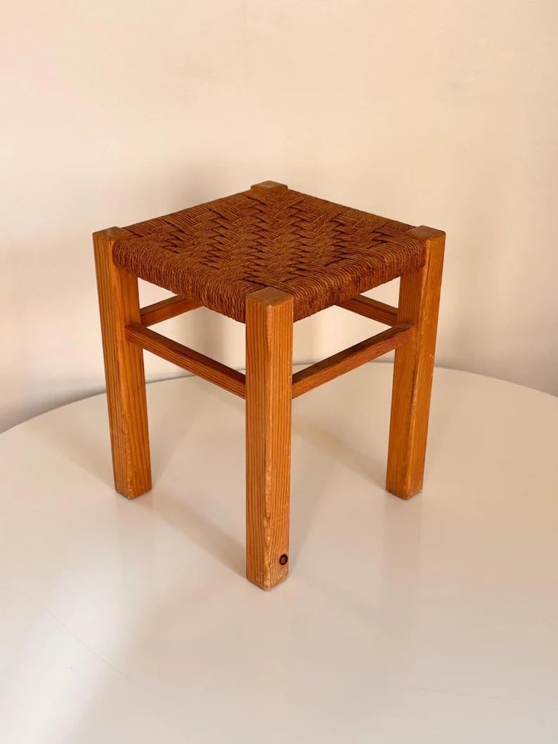 Pine Wood Woven Rope Stool, Mid-Century Modern Footrest, Rustic Square Seat for Living Room Bedroom