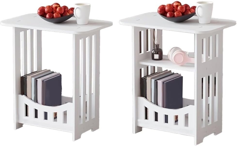White 2-Tier Narrow End Table With Display Shelf, Compact Plastic Night Stand For Bedroom Living Room Bathroom, Easy Assembly Side Table(Double Levels)