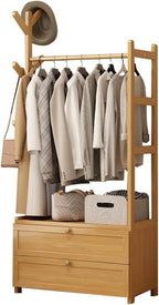 Open Wardrobe for Bedroom - Wooden Clothes Rail with Drawers, Free Standing Garment Rack, Style for Clothes Storage