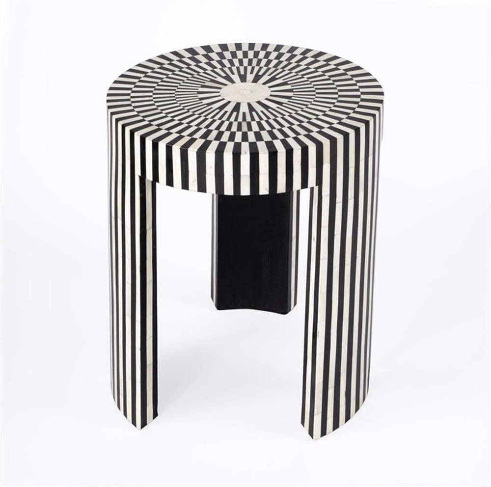 Beaumont Lane Transitional Round Bone Inlay Side Table, Black and White Finish, 18" W x 18" D x 22" H, Engineered Wood Construction, Handcrafted Accent Table for Living Room Decor
