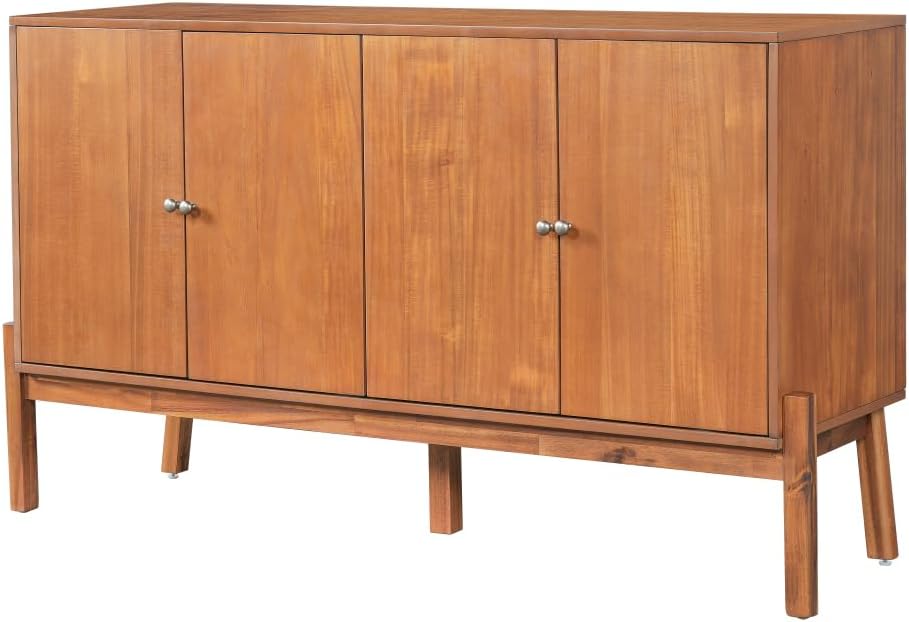 Saiveina Vintage Sideboard Buffet Cabinet, 56.8" W X 18" D X 34.2" H, 4-Door Storage Cabinet with Metal Handles, MDF & Acacia Veneer, Brown Finish for Dining Room or Living Room