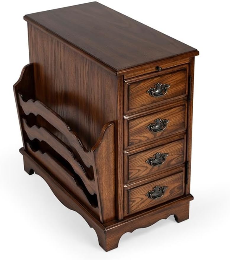 Beaumont Lane Modern Traditional Wooden Side Table, Cherry Veneers, Vintage Oak Finish, 14.5"W x 24"D x 24"H, Magazine Storage, Pull-Out Tray, Adjustable Shelf, Antique Brass Pulls for Living Room or