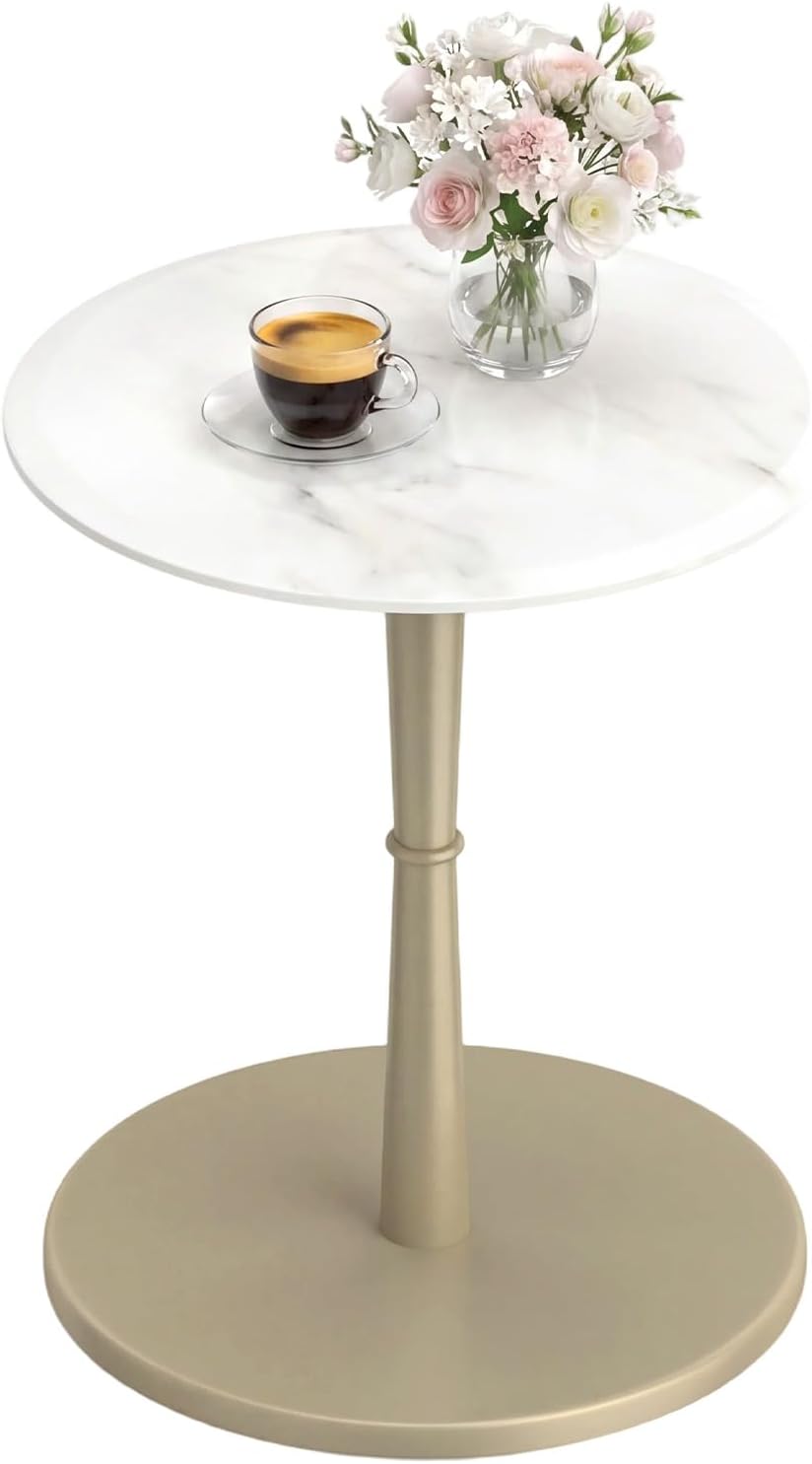 Giantex Round Marble Side Table, Modern Sofa Couch End Table w/Stone Finish & Wooden Pedestal, Coffee Drink Tables, Accent Bedside Night Stand for Bedroom Living Room Small Spaces (White & Gold,1)