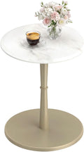 Giantex Round Marble Side Table, Modern Sofa Couch End Table w/Stone Finish & Wooden Pedestal, Coffee Drink Tables, Accent Bedside Night Stand for Bedroom Living Room Small Spaces (White & Gold,1)