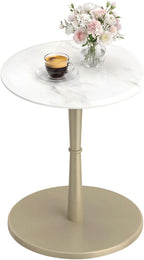 Giantex Round Marble Side Table, Modern Sofa Couch End Table w/Stone Finish & Wooden Pedestal, Coffee Drink Tables, Accent Bedside Night Stand for Bedroom Living Room Small Spaces (White & Gold,1)