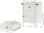 Farmhouse Nightstand with Charging Station, White Side Table, Rustic End Table with Barn Door and Drawer, Rustic Floating Nightstands Modern Bed Side Table Night Stand for Bedroom and Living Room