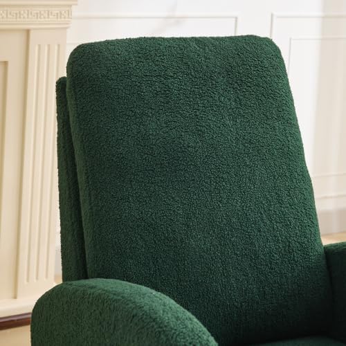 Green Sherpa Nursery Rocking Chair, Upholstered Glider with High Back & Side Pocket, Comfy Accent Armchair for Living Room Bedroom Reading Nook, Rubber Wood Legs