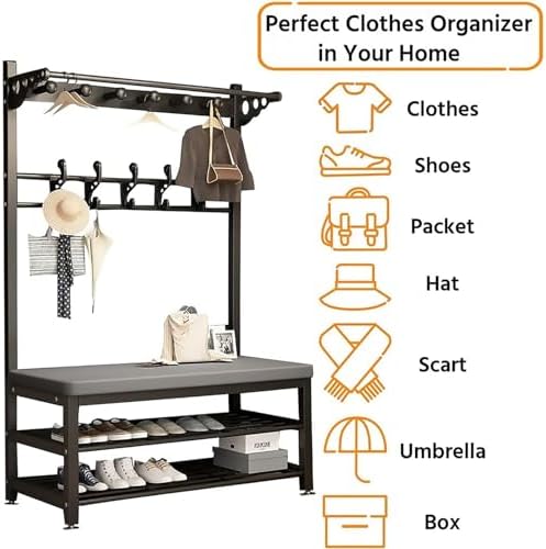 Coat Rack Hall Tree with Shoe Bench for Entryway, Metal Coat Stand with Hooks Clothes Hat Rack Shelf Metal Frame for Bedroom Living Room Hallway,White-24in
