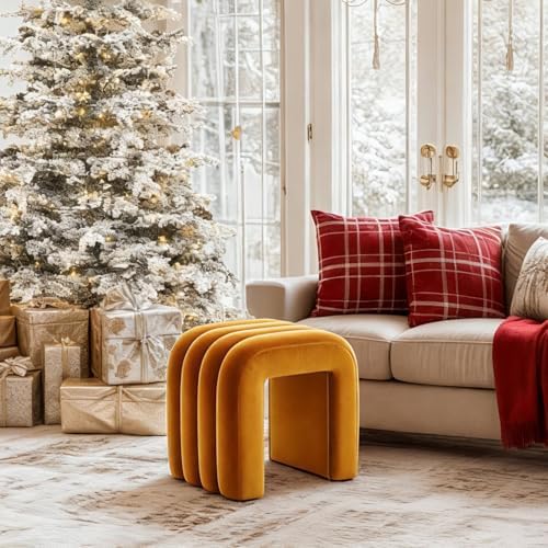 ONEVOG Velvet Pouf Ottoman, Small Ottoman Foot Rest for Couch, 18 Inch Cute Vanity Chairs for Makeup, Living Room Decorative, Sturdy Frame, Upholstered Modern Footrest for Bedroom, Dorm, Cognac