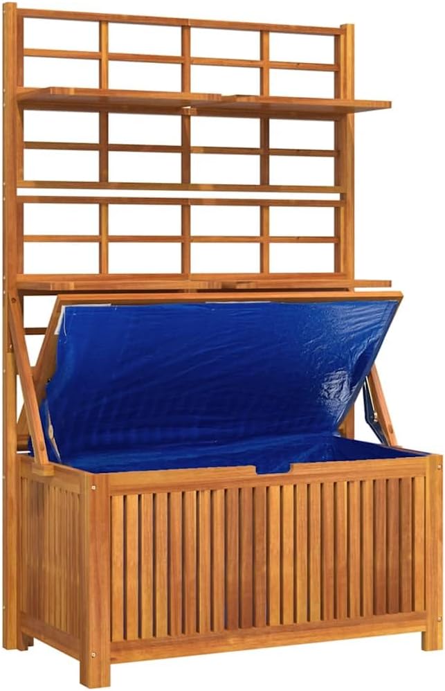 Brown Acacia Wood Outdoor Storage Box 39"x19.7"x63" with Trellis, Patio Bench for Tools/Cushions
