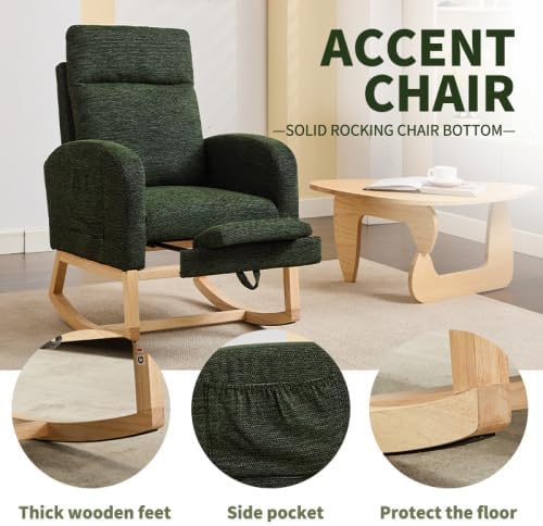 Dark Green Rocking Chair for Nursery Bedroom, Padded Upholstered Glider Rocker with Side Storage Pocket & High Back, Wood Legs Comfy Armchair for Living Room