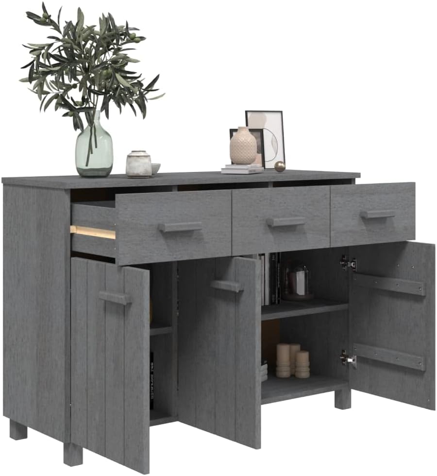 Sideboard Buffet Cabinet, Dark Grey Solid Pine Wood Credenza with 3 Drawers and 3 Doors, Wooden Storage Cupboard for Dining Room, Entryway, 44.5 Inches Long