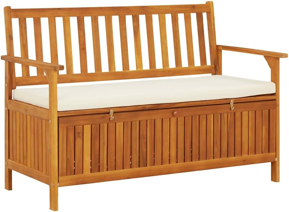 Storage Bench Natural Wood Solid Acacia Wood with a Polyester Cushion,Rustic Storage Bench | Solid Acacia Wood with Soft Cushion | Hallway & Garden Use Patio Furniture