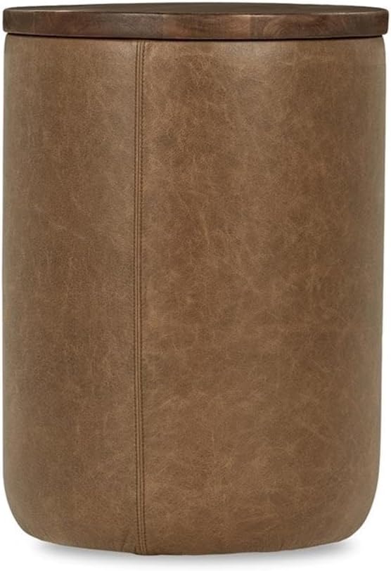 Pemberly Row Mango Wood Leather Wrap Accent End Table, Chestnut Finish, 16Wx16Dx24H, Rustic Grain Patterns, Genuine Leather Base, Round Tabletop, Elegant Modern or Rustic Living Room Furniture