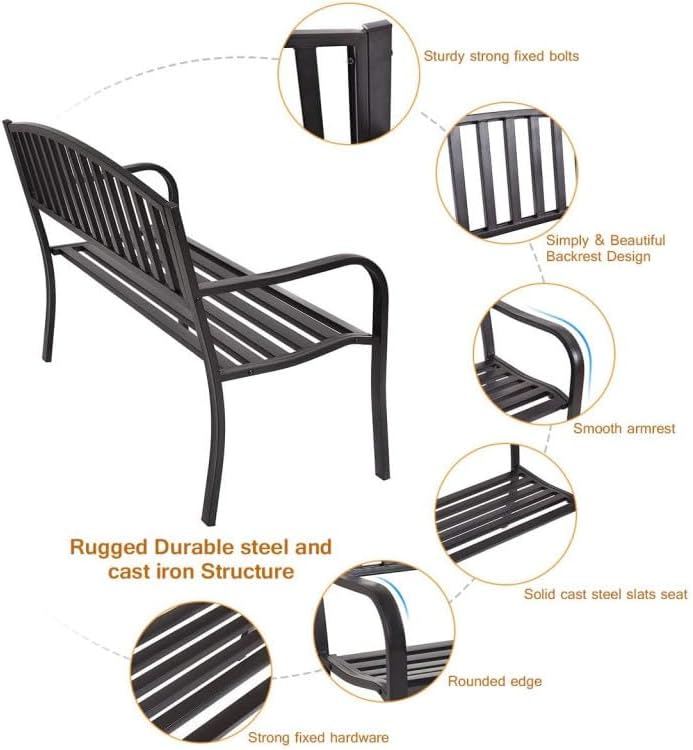 Black 50in Outdoor Steel Benches Powder-Coated 2-Person 500lbs Capacity Garden Deck Backyard