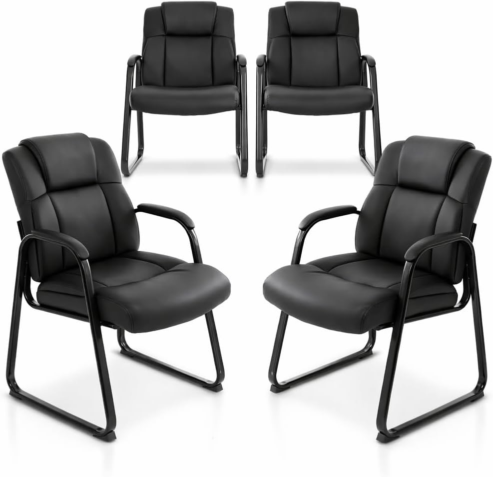 Office Guest Chair Set of 4, Leather Waiting Room Chair with Sled Base and Armrests, Reception Desk Chair No Wheels, Conference Room Chair for Office Lobby Clinic Home