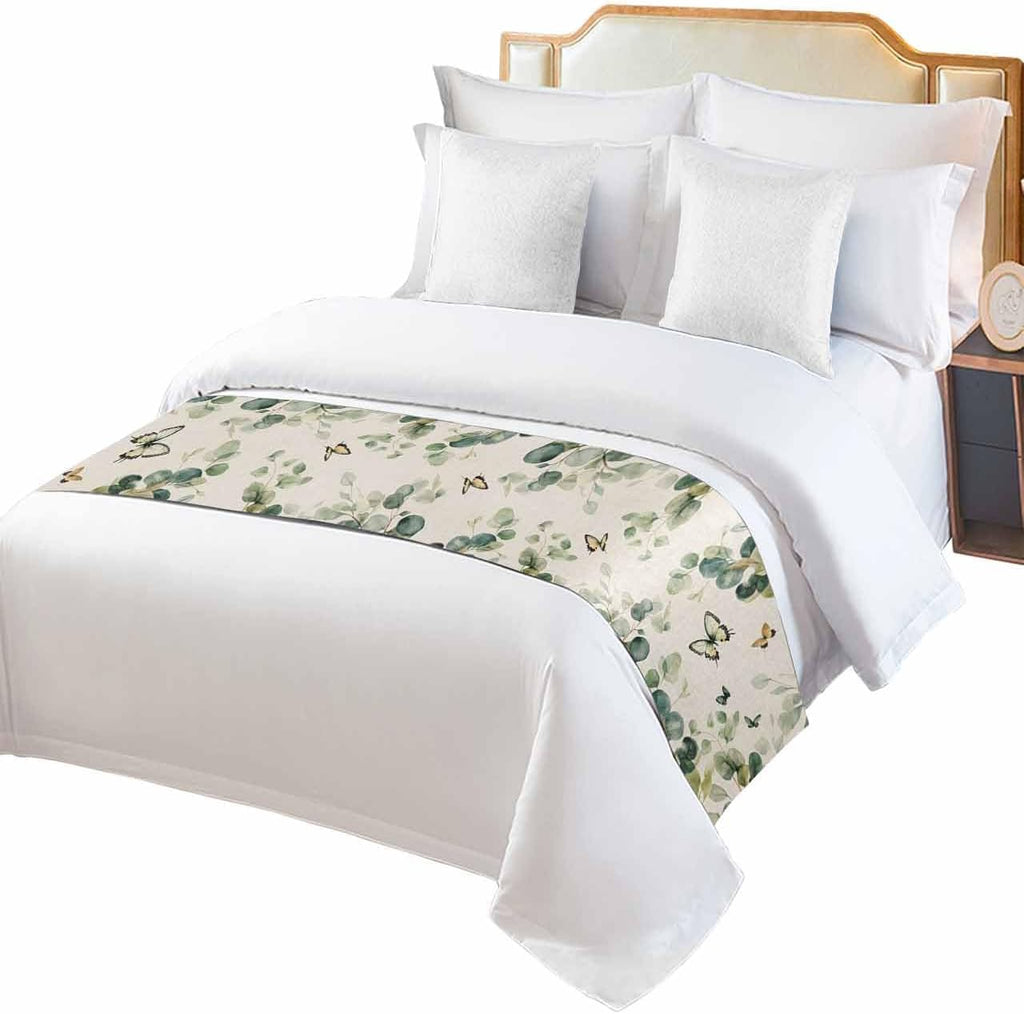 Eucalyptus Leaves Bed Runner Scarf Cal King Size, Spring Summer Botanical Sage Green Rustic Luxury Bed Throw Runners & Scarves for Twin Full Queen King Foot of Bed, Hotel Wedding Decoration, 102"x20"