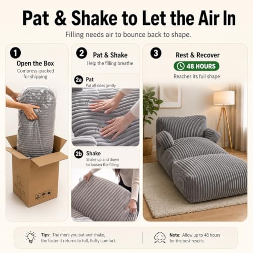 Giant Bean Bag Chair — Plush Faux Fur, Foldable Memory Foam Lounger, Removable Washable Cover for Living Room, Gaming & Lounge (Stripe Grey)