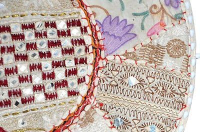 Sophia Art Beautiful Decorative Ruond Ottoman Indian Patchwork Pouffe,Indian Traditional Home Decorative Handmade Cotton Ottoman Patchwork Foot Stool, Embroidered Chair Cover Vintage Pouf 32" (White)