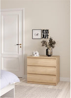 Pemberly Row Contemporary 3-Drawer Chest, Engineered Wood, Jackson Hickory Finish, Compact Design, Handle-Free Drawers, Smooth Metal Glides, Dorm or Small Living Space Storage Solution