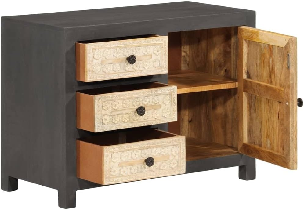 Modern Grey and White Sideboard with 4 Storage Compartments and 3 Soft-Close Drawers, Solid Mango Wood Rectangular Furniture for Dining Room and Living Space, Durable Storage