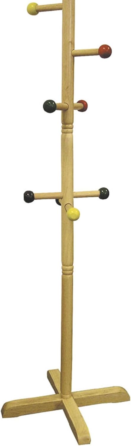 49.5" Tall Wooden Standing Coat Rack, Natural, 8 Colored Pegs