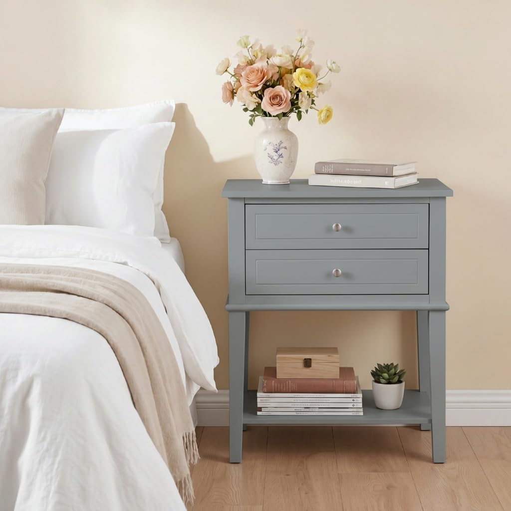 SEJOV EJOV 28" Tall Nightstand Set 2 with 2 Drawers and Open Shelf, Gray | Modern Bedside Table, Larger Wooden End Table Farmhouse Style Night Stand with 26inch Wide Desktop & Spray-painted Surface