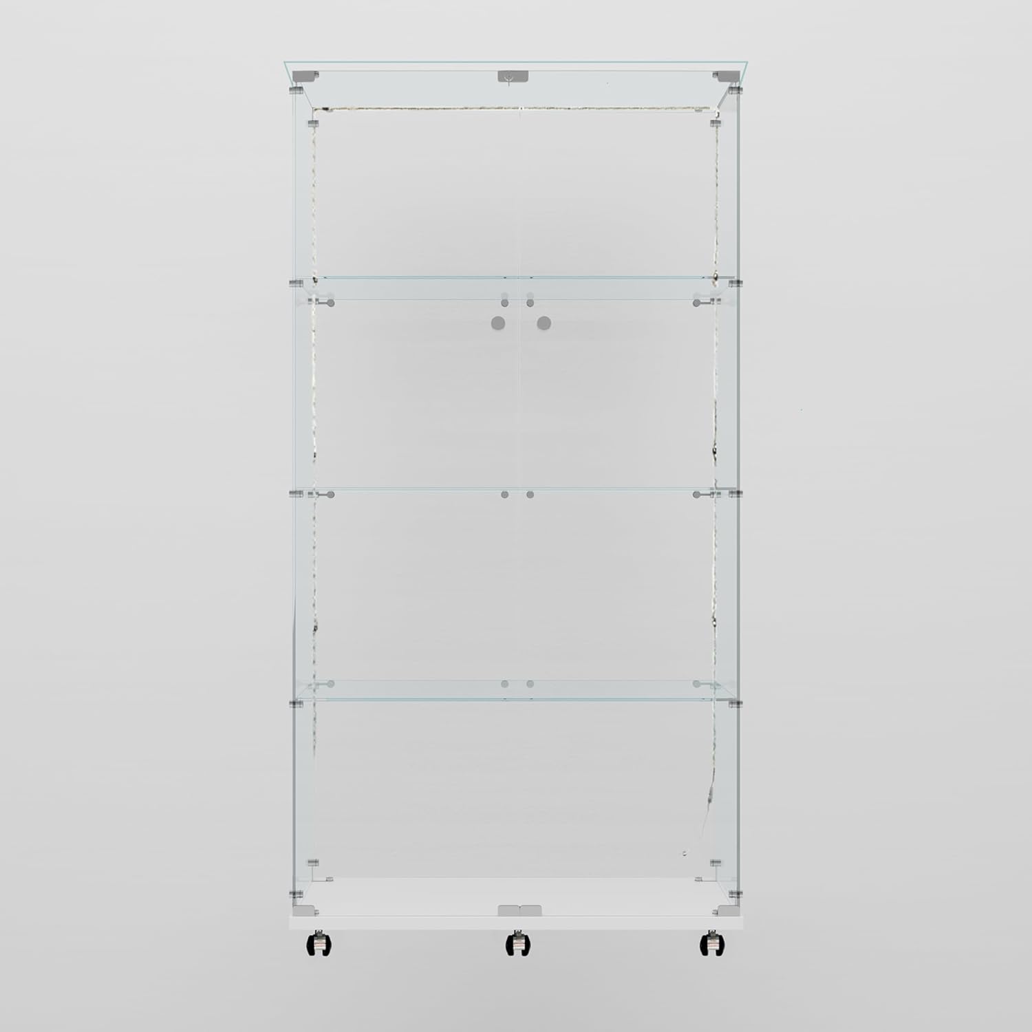 Glass Display Cabinet with LED Light Strip, 4 Shelves with 2 Doors, Glass Top Curio Storage Cabinets with Lock & Caster for Living Room,Floor Standing Bookshelf, Quick Installation - White