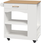 MAHANCRIS Kitchen Island, Mobile Kitchen Island Table with Drawer and Open Shelves, Kitchen Storage Island on Wheels, Rolling Kitchen Cart with 6 S-Shaped Hooks, for Kitchen White and Natural KIBN9901