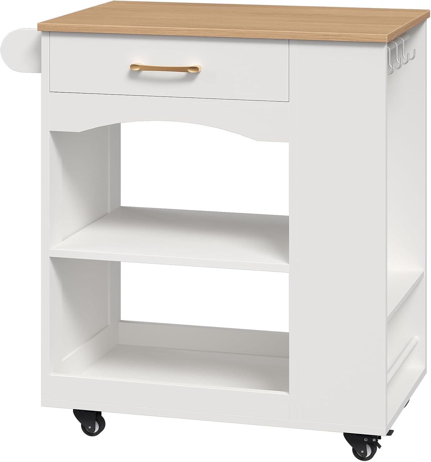MAHANCRIS Kitchen Island, Mobile Kitchen Island Table with Drawer and Open Shelves, Kitchen Storage Island on Wheels, Rolling Kitchen Cart with 6 S-Shaped Hooks, for Kitchen White and Natural KIBN9901