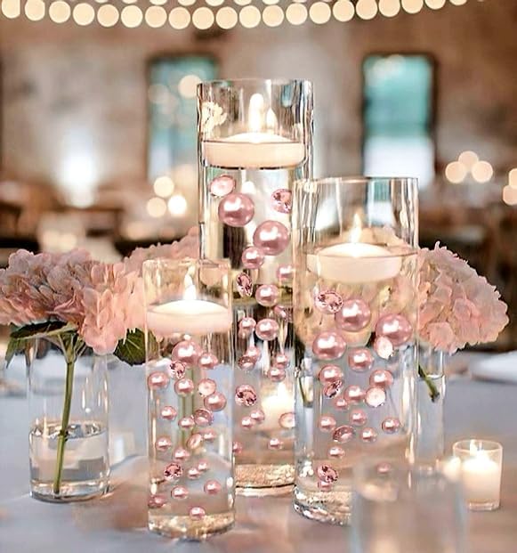 100 Floating Light Pink Pearls with Pink Sparkling Gems- Large Sizes- Fills 2 Gallons for Your Vases- with Pre-Measured Prep Bags for Best Results!