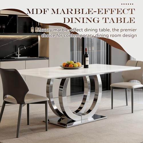 SSLine Modern White Marble Dining Table for 6-8 Rectangle 69.3" Faux Marble Kitchen Table with Silver Stainless Steel Dual U Shape Pedestal Base Luxury Dining Room Table for Home Kitchen