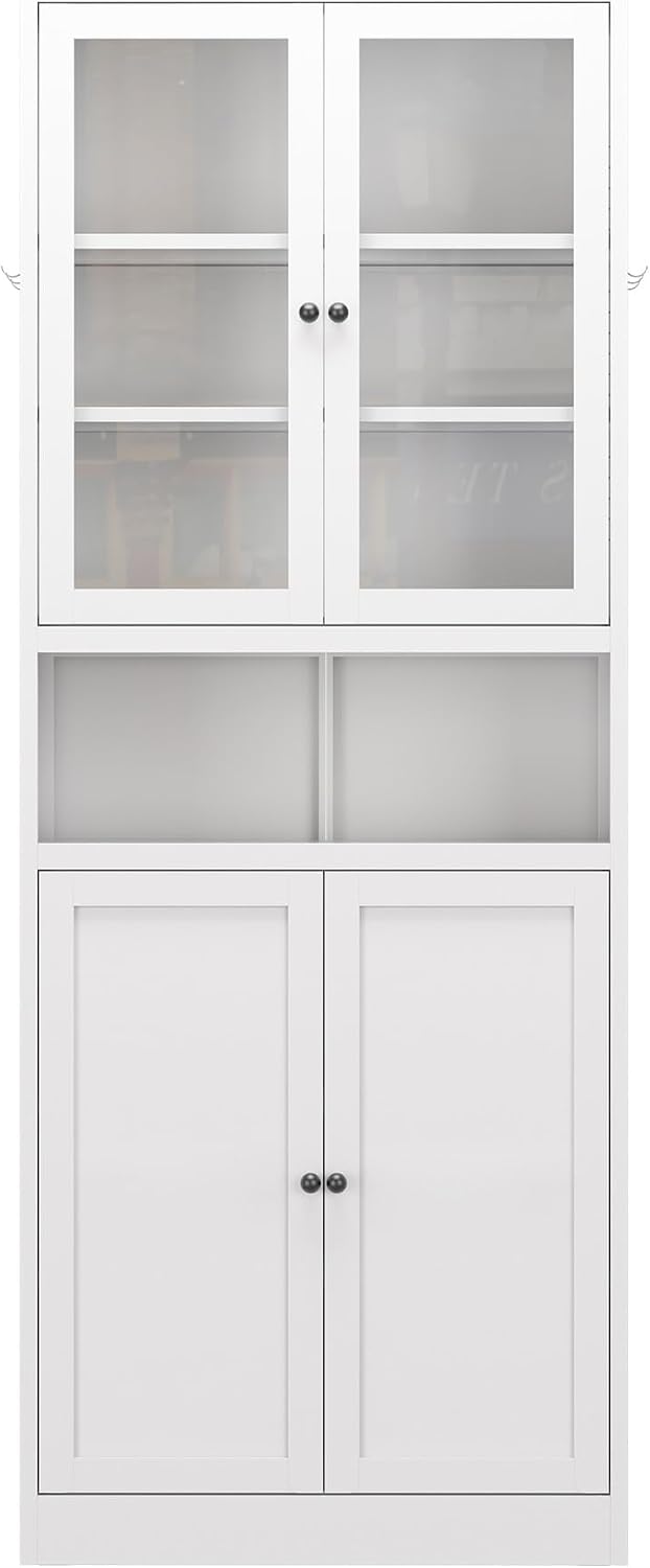 Metal Kitchen Pantry Cabinet - 72" Tall Sideboard Storage Case with Glass Doors & Adjustable Shelves, White Cupboard Storage Hutch Cabinet Coffee Bar Cabinet