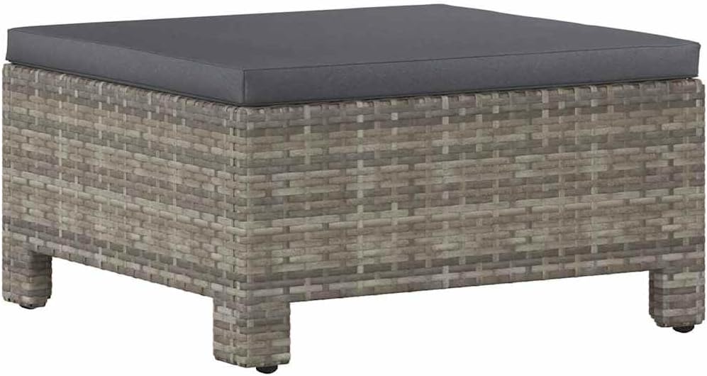 Patio Ottoman Outdoor Wicker Footstool, Garden Footrest with Dark Grey Cushion, Poly Rattan Modular Furniture Foot Rest for Backyard, 22.4 x 22.4 x 11 Inches
