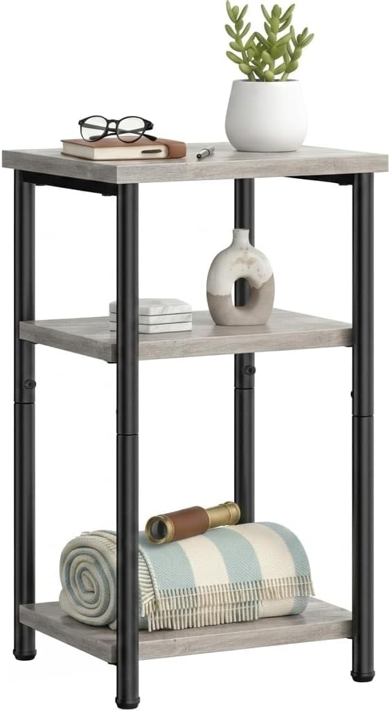3 Tier End Table for Small Space, Modern Oak Grey Side Table with Metal Frame, Compact Nightstand for Living Room, Bedroom, and Office