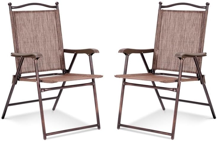 2-Pack Modern Folding Sling Back Deck Chairs in Brown Fabric with Steel Frame & Plastic Feet, 20x24x38in, for Patio Garden Backyard Camping
