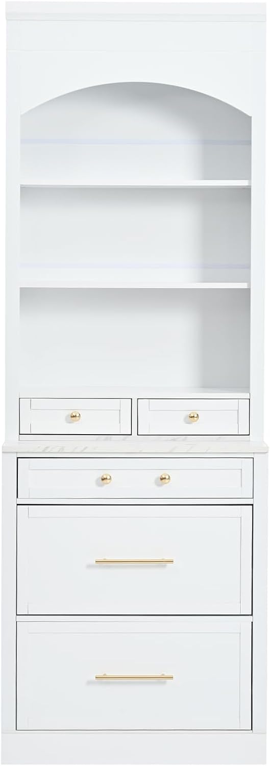 83.7” Tall Kitchen Pantry Storage Cabinet, Wooden Storage Cabinet with 5 Drawers and Adjustable Shelves, Bathroom Storage Cabinet with Open Compartments, Freestanding Cupboard for Kitchen, White
