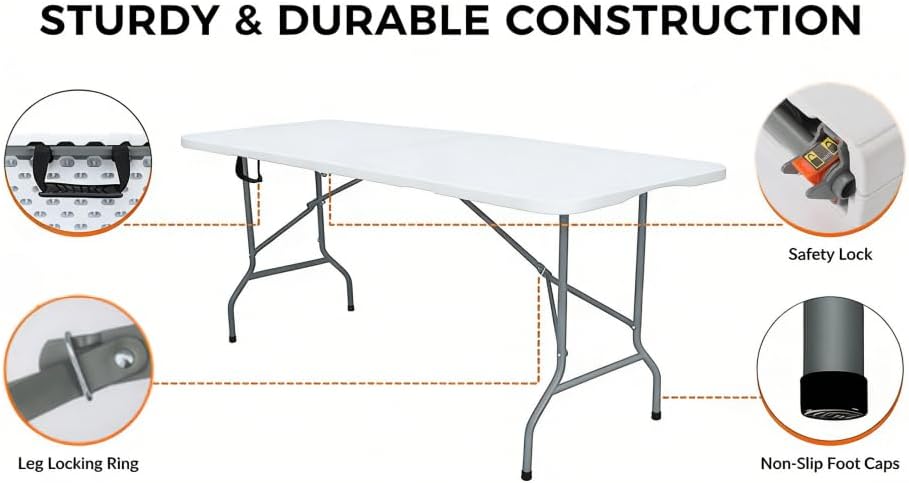 Folding Table 6ft Foldable Table with Built in Handle & Steel Legs / 6FT Heavy Duty Folding Portable,Perfect for Party, Dining Indoor/Outdoor Events, Tailgating & Backyard BBQ, White