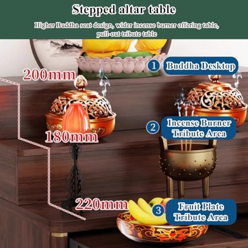 Personal Shrine Altar Table with Storage, Buddha Niche Chinese Cabinet, Pooja Mandir Cabinet for Incense & Offerings (Light Brown, 126cm/49.6in)