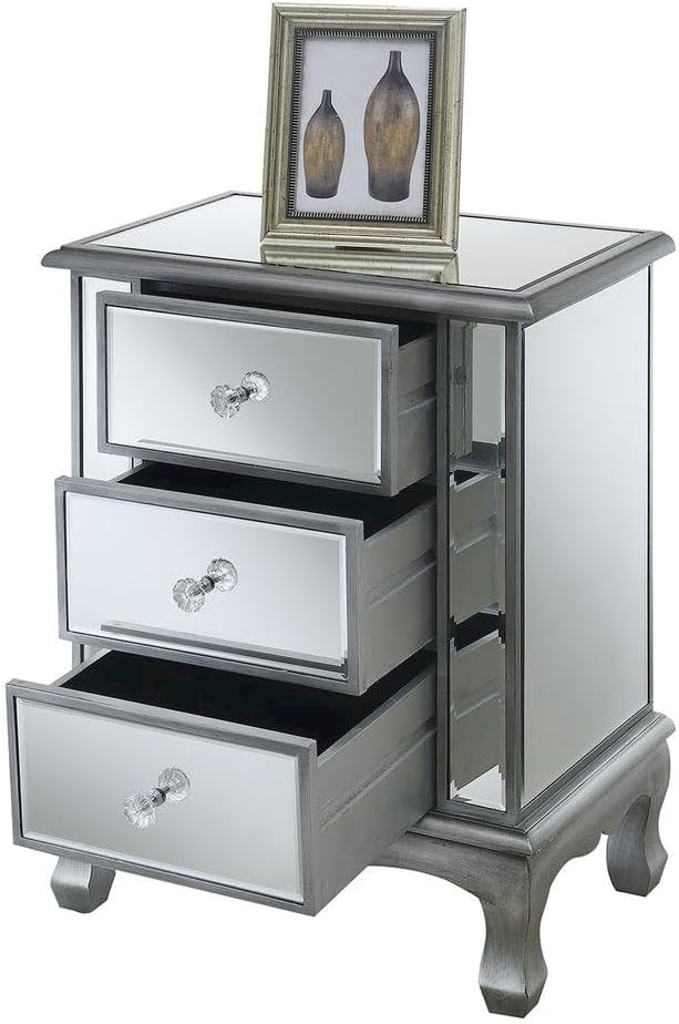 Furnifact Glam Mirrored End Table with 3 Drawers, Small Accent Nightstand for Bedroom or Living Room, Easy 2-Step Assembly, Silver