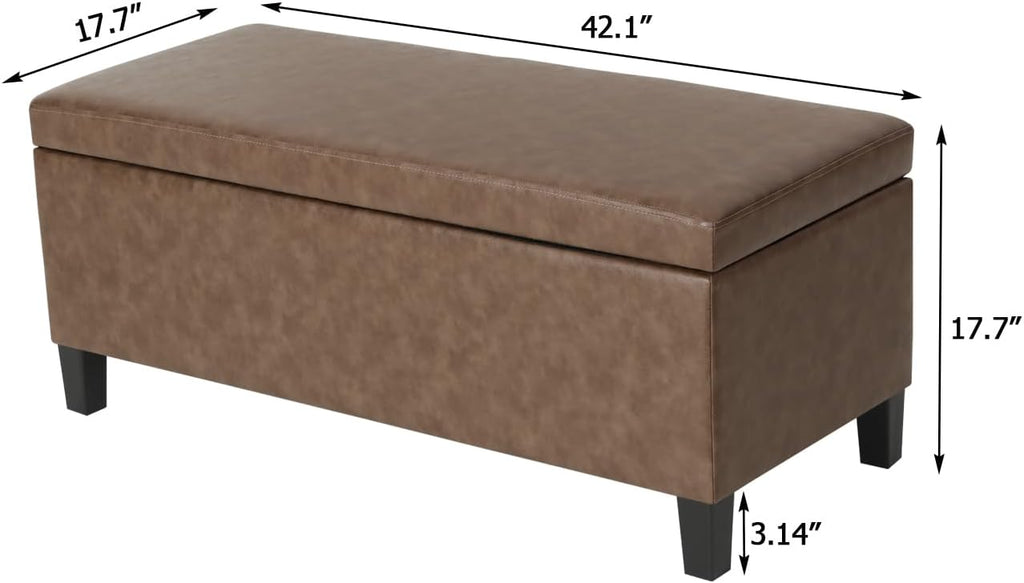 Adeco 42 Inch Faux Leather Storage Ottoman Bench, Upholstered Lift Top Coffee Table with 30 Gallon Storage for Entryway & End of Bed, Mid-Century Modern, Light Brown Camel, Supports 665 lbs