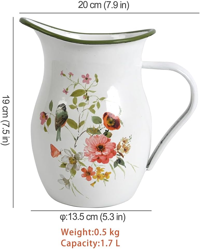 Enamel Vintage Pitcher Vase for Flowers,7.9" L x 5.3" W x 7.5" H Rustic Pitcher Vase,Farmhouse Decor for Kitchen Table Centerpiece,Living Room,Bedroom (Green)