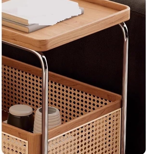 Rustic Side Table Side Table Second-Hand Trolley Wood Rattan Living Room Mobile Storage Rack Double Layer with Wheels Dining Sideboard Home End Table for Living Room