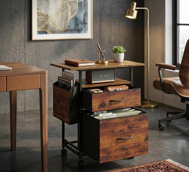SMUG 2 Drawer Mobile File Cabinet, Fabric Filing Cabinet with 24" Desktop & Side Bag, Rolling Printer Stand Under Desk, Fits A4/Letter Size, for Home Office, Rustic Brown