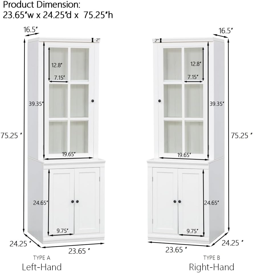 Farmhouse Pantry Cabinet with Glass Door–Freestanding Display Hutch with Storage&Lattice Window,Elegant Storage Cabinet for Kitchen Living Room or Entryway (23.65''w Single Door)