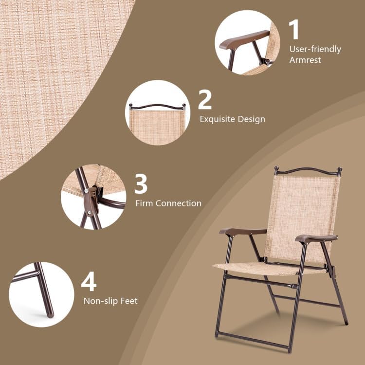2-Pack Modern Folding Sling Back Deck Chairs in Beige Textile Fabric with Steel Frame & Plastic Feet, 20x24x38in, UV-Resistant for Outdoor Use